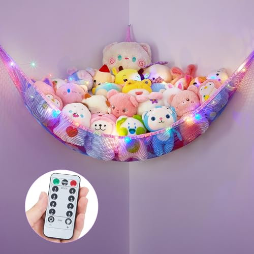 MHJY Toy Hammock Stuffed Animals Toy Storage Net with LED Light Large Corner Hanging Soft Cuddly Plush Mesh Organizer with Remote Control 8 Kinds of Llight Mode for Kids Nursery Bedroom