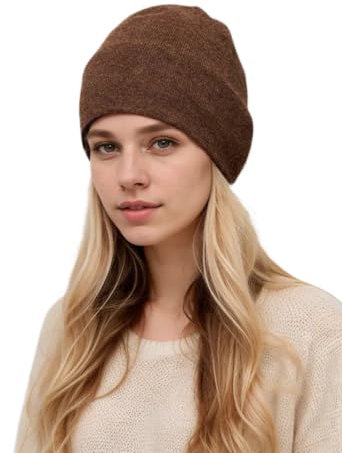 Prettystern Damen Cashmere Wendemütze Beanie Bonnet Mütze 100% Kaschmir-Wolle 2-farbig 2-lagig dunkelbrau blau D03
