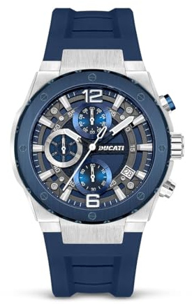 DUCATI DT003 Chronograph-Uhr für Herren mit 43,5 mm Gehäuse, blaues teilweise durchsichtiges Zifferblatt, Silikonarmband, wasserabweisend, robustes Design, silberfarbenes Armband