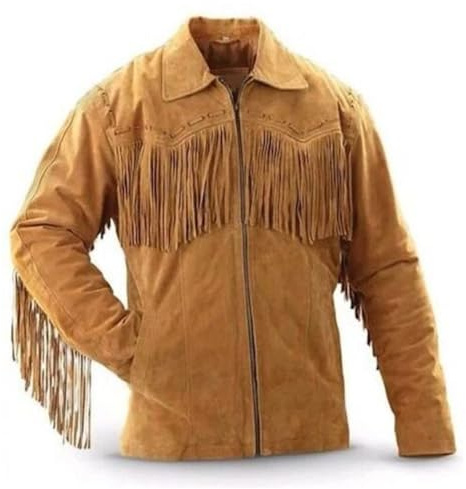 Rumble Products Men's Traditional Cowboy Western Jacket | Tan Native American Suede Leather Jacket With Fringe Tassels