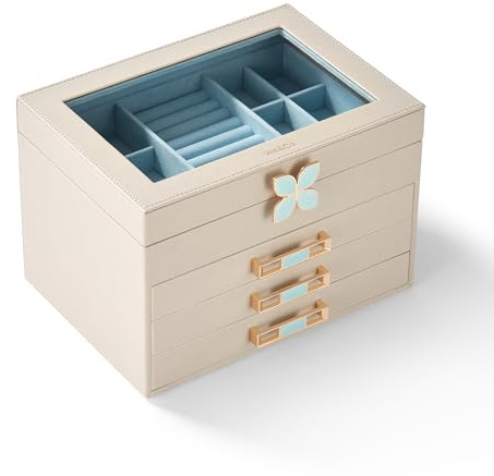 Vee Schmuckkästchen Groß,Schmuckkasten mit 4 Ebenen, Schmuck Organizer mit Glasdeckel, 4 Schubladen,für Halsketten, Ohrringe, Uhren, Armbänder (Grau 4 Ebenen)
