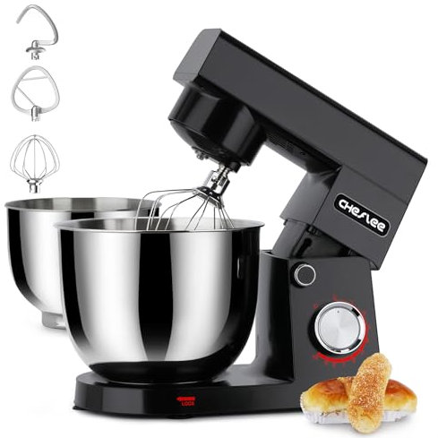 Robot Patissier CHeflee,1500 W Robot Pâtissier,avec Bol en Acier Inoxydable de 4,5 et 5,5 L,10+P Vitesse,avec Crochet Mélangeur,Crochet Pétrisseur,Fouet et Protection Anti-Eclaboussures (Noir)