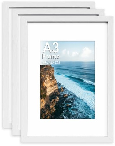 Histarzeda A3 Picture Frame Set of 3, Wooden White A3 Frame with Perspex Glass, A3 Frames for Family Photos Wall Display Horizontally or Vertically in Home, Office or Gallery (White)