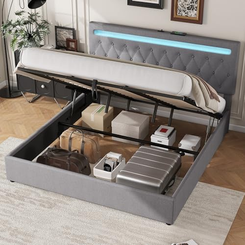Huayz Doppelbett Staubett mit USB-Buchse Typ C, Polsterbett 180 x 200 cm mit stimmungsvollem Licht auf dem Bett, Hydraulikbett, Bett mit Platz Stauraum und Lattennetz, ohne Matratze (Grau, 180×200cm)