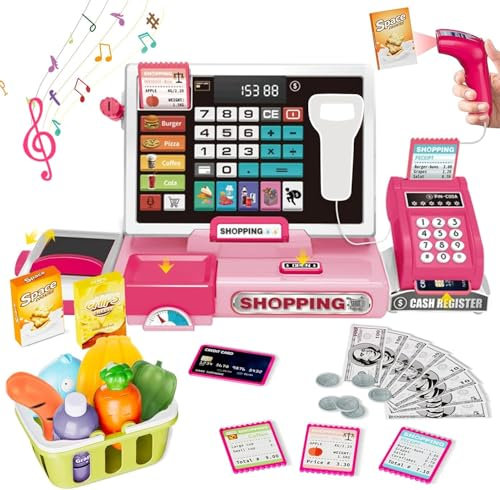 SliBoeyX Spielzeug-Kassen-Set für Kinder, mit echter Rechner-Funktion, Kaufladen-Rollenspiel mit Musik, Scanner, Spielgeld, Lebensmitteln, Vorschul-Lernspielzeug Geschenk (pink)