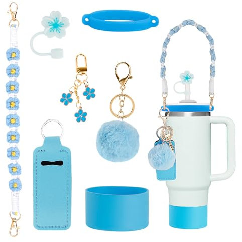 LCUHAVA Cup Accessories for Stanley Cup 8 Pcs Water Bottle Decor Includes Bracelet, Lid Ring, Cup Sleeve, Straw Sleeve, Charm, Spill Stopper, Base for Stanley Cups 40oz & 30oz, Blue