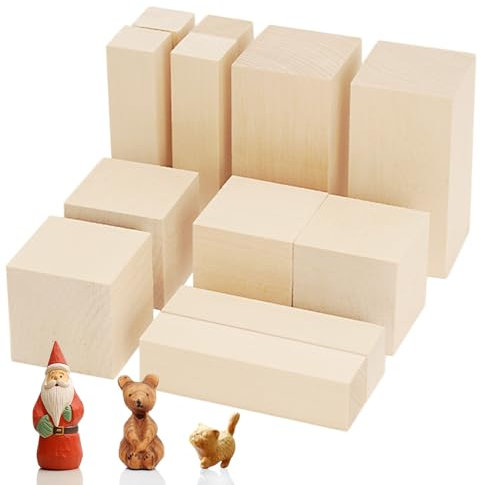 AUNHOKE 12 Pcs Basswood Carving Blocks, Whittling Wood Set for Crafts, Wooden Blocks for Craft, Unfinished Wooden Blocks, Natural Woodens Set for DIY Carving, Shaping, Creative