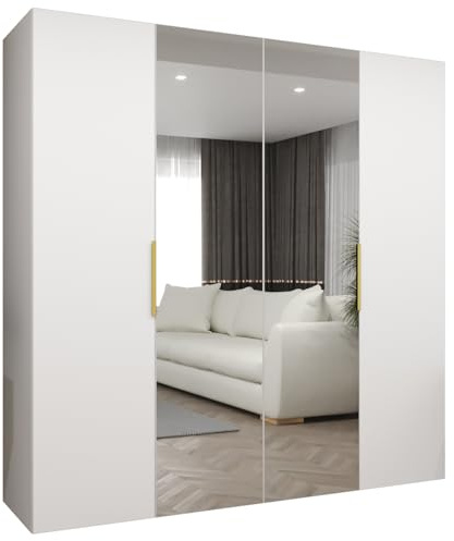 MEBLE KRYSPOL - Kleiderschrank mit Spiegel - Drehtürenschrank - Schrank 200x202x52cm - Garderobenschrank Schlafzimmer, Flur, Jugendzimmer - Farbe Weiß, Griff Gold - Marbella 2 200