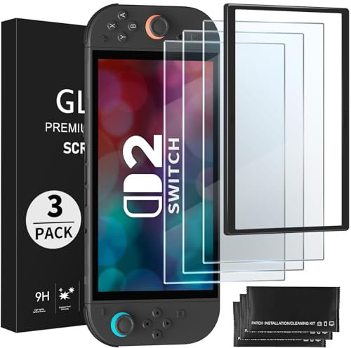 PALPOW Lot de 3 Protection D'écran pour Nintendo Switch 2,Avec Cadre d'Alignement,Verre anti-lumière bleue dureté 9H,Film de protection HD à couverture complète,Dureté 9H résistant aux rayures