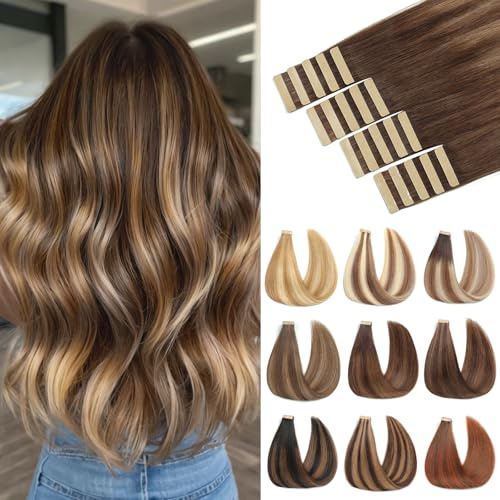 ShowJarlly Tape Extensions Echthaar 20pcs Extensions Echthaar 45cm Schokoladenbraun mit Karamellblond Echthaar Extensions Tape Invisible Tape in Extension Echthaar Skin Weft Tape 40g(18inch,4/4/27#)