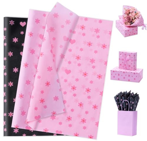 Larcenciel Herzblumen Seidenpapier, 60 Blatt Vintage Gänseblümchen Seidenpapier Verpackungsmaterial, Schwarz Rosa Geschenkpapier für Geburtstage Babyparty Hochzeit Jubiläen Basteln Dekoration 50x35CM