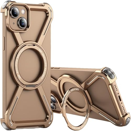 IMEIKONST Case for iPhone 15 Plus with 360° Spin Magnetic Stand, [Compatible with Magsafe] Titanium Metal Frameless Design Military-Grade Drop Protection Cover for iPhone 14 Plus. Desert Gold THJ