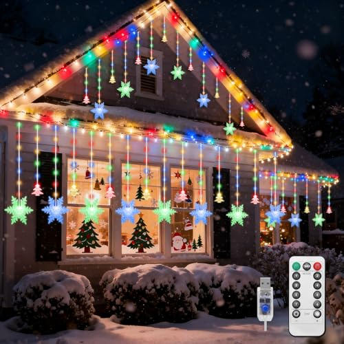 BomKra Christmas Window Lights 144 LED 8 Snowflake & 8 Christma Tree Curtain String Lights with Remote Timer 8 Modes Christmas Decorations Waterproof Icicle Lights for Window, Garden, Party, Bedroom