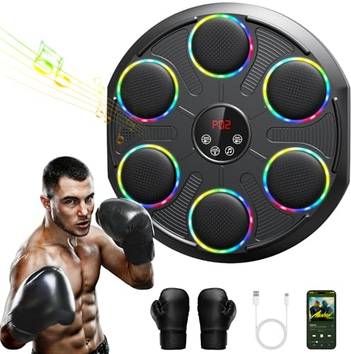 Machine de Boxe Musicale, Grand Modèle Mural Professionnel de Boxe avec LED Dynamique et Gants, Bluetooth Smart, 12 Vitesses et Mode, pour Adultes et Enfants, Intérieur et Salles de Sport, Noir