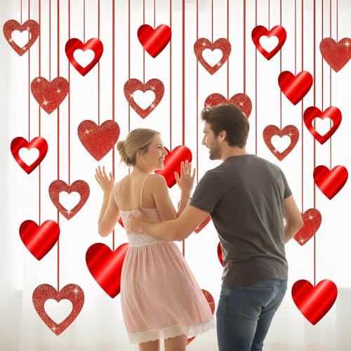 Spiralen Girlande, 40 Stück herz girlande, Herz-Glitter Rot Girlande Herz Banner Deckenhänger Spiral Girlanden für Valentinstag/Weihnachten/Hochzeit/Geburtstag Deko