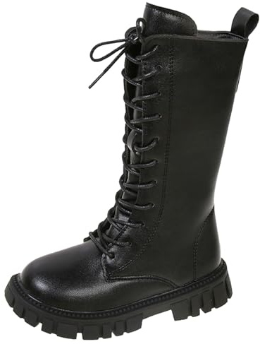 Stivali Invernali Bambina Ragazze Retro Stivali Lunghi Alti al Polpaccio Stivaletti in Pelle Bambini Autunno Stivaletti Laterali Zip Antiscivolo Comodi per Bambine (Black, 35 Big Kids)