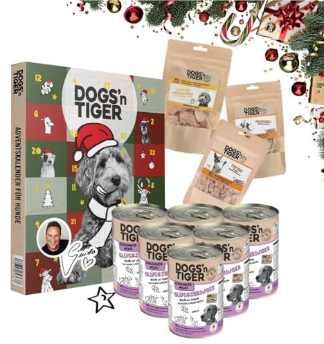 Dogs’n Tiger- Guido Maria Kretschmer- Adventskalender Hunde Box | Schlemmermenü| Glücksbringer Rind, Lamm & Pastinake | Getreidefrei, Ohne Zuckerzusatz | gefriergetrocknete Snacks 99% Fleischanteil