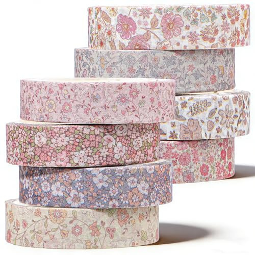 DOPENSPI 8 Rollen 1cm Weinlese Washi Tape, Breit Selbstklebende Washitape | washi tape set für Wanddekoration, Masking Craft für Scrapbooking DIY Craft Verpackung(Blumenmuster)