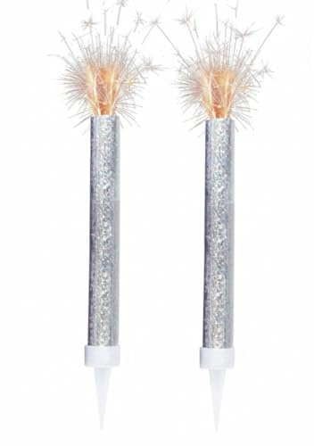 Ice Fountain Cake Topper Sparklers 2PCS Birthday Wedding Anniversary Cake Decoration 15cm Colorful Sparkling Candles Fun Indoor/Outdoor Party Accessory Silver