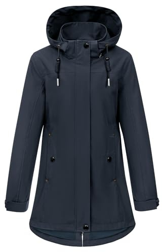 CMTOP Veste Femme mi Saison Softshell Imperméable, Coupe-Vent Parka à Capuche Amovible, Décontracté Longue Blouson Légère Manteau avec Poches pour Printemps et Automne