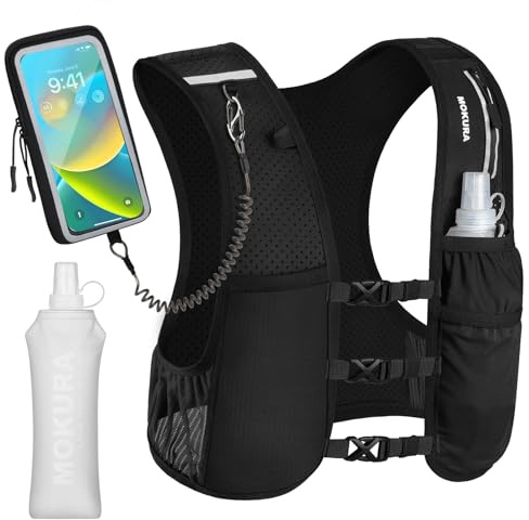 MOKURA Running Vest for Women Men, Lightweight Hydration Vest with 500ML Soft Flask & Phone Holder, Reflective Running Backpack, Adjustable Run Pack Water Bottle, Runner Marathon Essentials, Black