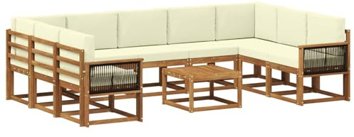vidaXL Outdoor-Sofagarnitur 10 pcs Natur und Creme Massivholz Akazie, Akazien-Sofa-Set, modernes Outdoor-Sofa, Robustes Gartenmöbel, wetterfest, umbaubar und gemütlich