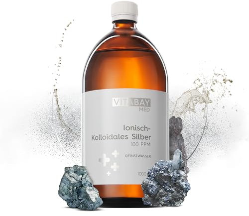 Vitabay Kolloidales Silber 100 PPM - 1000 ml Kollodiales-Silber Hochdosiert - Reinheitsstufe 99,99% und abgefüllt in Braunglasflasche - Laborgeprüft & hergestellt aus hochwertigen Rohstoffen