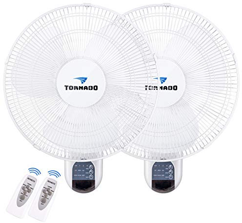 Tornado 2 Pack 16 Inch Oscillating Wall Mount Fan Remote Control Included 3 Speed 2650 CFM 6 FT Cord UL Safety Listed