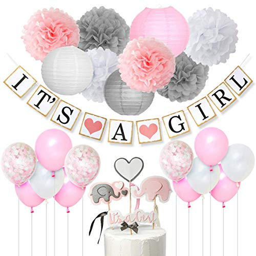 Babyparty-Dekorationen für Mädchen Rosa, Weiß und Grau Es ist ein Mädchenbanner, ein Elefantenkuchendeckel, Konfetti-Luftballons, Pompons aus Papier für Babypartyzubehör