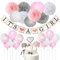 Babyparty-Dekorationen für Mädchen Rosa, Weiß und Grau Es ist ein Mädchenbanner, ein Elefantenkuchendeckel, Konfetti-Luftballons, Pompons aus Papier für Babypartyzubehör
