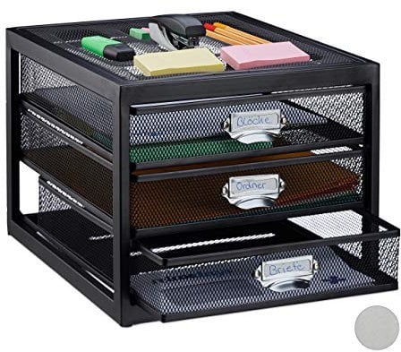 Relaxdays Schubladenbox, 3 Schubfächer, für Din A4 Dokumente, Ordnungssystem für Schreibtisch, Aktenablage, schwarz, HBT: 23 x 27,5 x 35 cm
