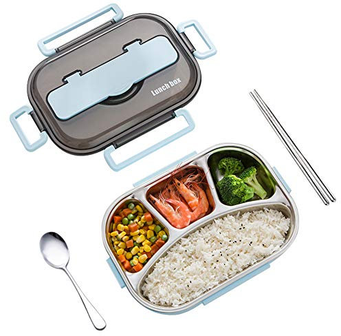 amropi Bento Box Stainless Steel Lunch Containers 2/3/4/5 Compartment Food Storage with Chopsticks and Spoon (Blue, 4 Compartment)