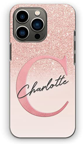 Personalised Initials Phone Case For Apple iPhones, 16, 15, 14,13, 12, 11, Pro Max, Mini, XR, SE Pink Fade Pattern Print with Pink Initial and Text, Marble Print Hard Phone Cover