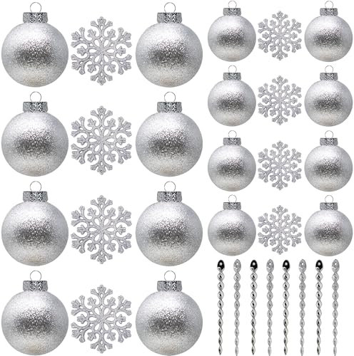 SLEETLY Silver Baubles for Christmas Tree Decorations, Shatterproof Plastic 60mm and 80mm Glitter Snow Balls, Icicles and Snowflakes, Ornament Set of 32