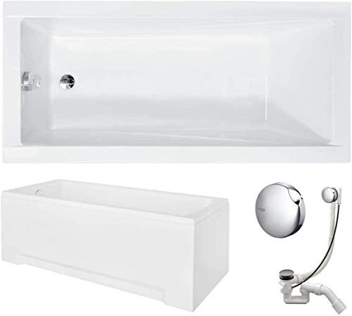 VBChome Badewanne 150x70 cm Acryl SET Schürze 3 Teile Siphon Acrylwanne Wanne Rechteck Weiß Design Modern Wannenfüßen Ablaufgarnitur Chrome Simplex