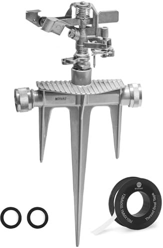 Morvat Verstellbarer Rasensprenger für Hof und Garten, vernickelt, Messingkopf und Aluminiumpfahl, Bewässerungssystem mit 360° Drehung und 12,7 m und 2,5 m² Sprühabstand, inklusive Teflonband