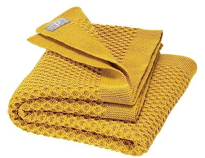 Disana WABEN-STRICKDECKE, 100% Bio-Merinowolle GOTS, IVN Best | kuschelweiche Decke mit Wabenmuster | Newborn Baby Kleinkind Kind Unisex | Made in Germany | Curry