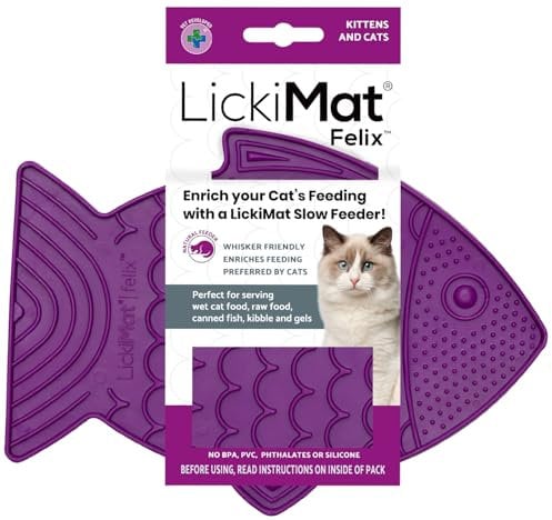 LickiMat Felix, Fish-Shaped Cat Slow Feeders for Feline Boredom and Anxiety Reduction; Perfect for Food, Treats and Anxiety Reduction, Purple