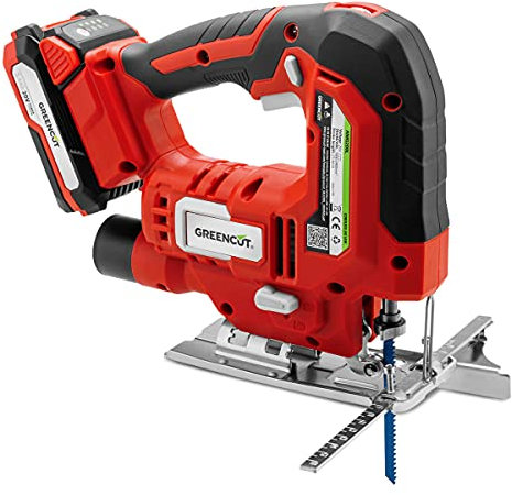 GREENCUT SRJ200L - Seghetto alternativo a batteria da 20V, 4 posizioni della lama, velocità e profondità di taglio regolabili fino a 65 mm, batteria al litio da 2,0 Ah e caricabatterie inclusi, rosso