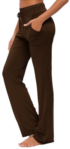 Damen Yoga Hose Mit Taschen Breites Bein Kordelzug Lose Gerade Lounge Laufen Workout Modale Hose Aktive Freizeit Jogginghose (Kaffeefarbe, L)