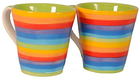 Thailändische Tasse, handbemalt, unregelmäßig, hell, Regenbogenstreifen, 9 x 9 cm, 2 Stück