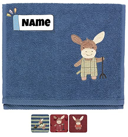 Sterntaler Seiftuch | Baby Sterntaler Handtuch personalisiert | 30 x 50 cm | Baby Seiftuch | Kinderhandtuch mit Name | Bestickt mit Name | Baby Erstausstattung (Emilius Esel Mittelblau)