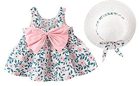 IWEMEK Robe Bébé Enfant Fille été Fleur Imprimé Costume Princesse Nœud Papillon Ensemble Trapèze sans Manches + Chapeau de Paille Décontractée Plage Vacances Loisir #Floral Rose 12-18 Mois