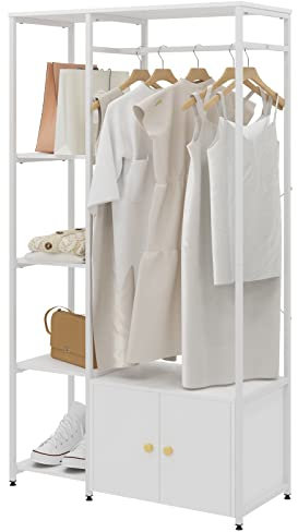 sogesfurniture Porte-Manteau Blanc, Portant à vêtements en Bois et Métal, avec 4 Etagères de Rangement, Porte de Rangement inférieur, Gain de Place, pour Chambre, Entrée, Bureau