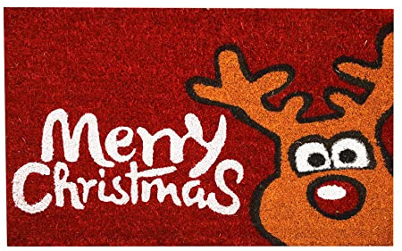 Roseley Christmas Doormat 40 x 60cm Natural Coir Coconut Runners Decorative Welcoming Xmas Mat Home Office Entrance Hallway (Rudolph)