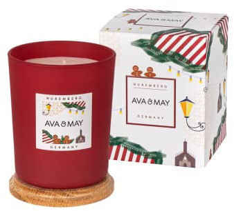 AVA & MAY Nürnberg Duftkerze (180g) – Vegane Kerze im Glas mit edlen Düften von Ingwer, Nelke und Zimt – Handgemachte Kerze mit weihnachtlicher Eleganz