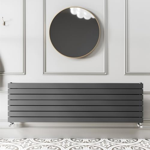 Go Bathrooms Pinta 475 x 1600mm Horizontal Radiator Anthracite Flat Panel Double Column Wall Mounted Designer Anthracite Grey Radiator Central Heating Includes Brackets
