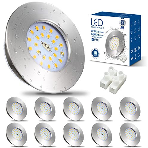 HiBay Einbaustrahler LED Flach 7W LED Spot Badezimmer IP44 Deckenspots Rund Matt Nickel 4500K Neutralweiß Einbauleuchten 850lm 10er Set
