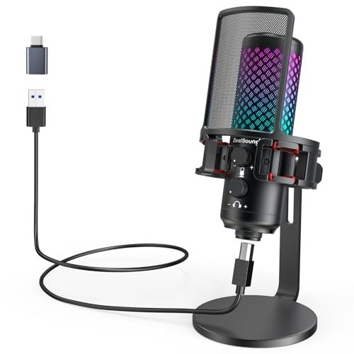 zealsound USB Mikrofon, Ganzmetall RGB Mikrofon für iPhone PC Mac Handy PS5, mit stumm/Gain/Echtzeit-Monitor, für Aufnahme, Singen, Gaming, Streaming,Podcast,YouTube, Konferenz auf Windows Android