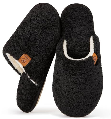 EverFoams Damen Scuff Hausschuhe Gemütlich Weiches Flauschiges Kunstalpaka Memoryschaum Leichte Rutschfeste Pantoffeln Schwarz, 38-39 EU